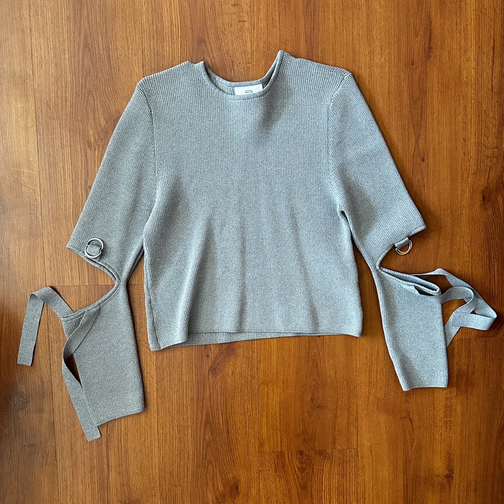C/MED Collective Gray Arm Cutout Tie Detail Sweater Shirt